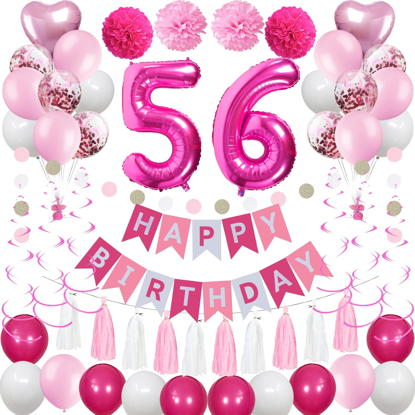 Amazon | 56歳の誕生日デコレーション、女性用、ピンクとホワイトの56